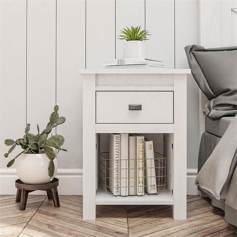 Farmhouse 1-Drawer Bedroom Nightstand with Open Shelf in Rustic Off-White Oak - Free Shipping