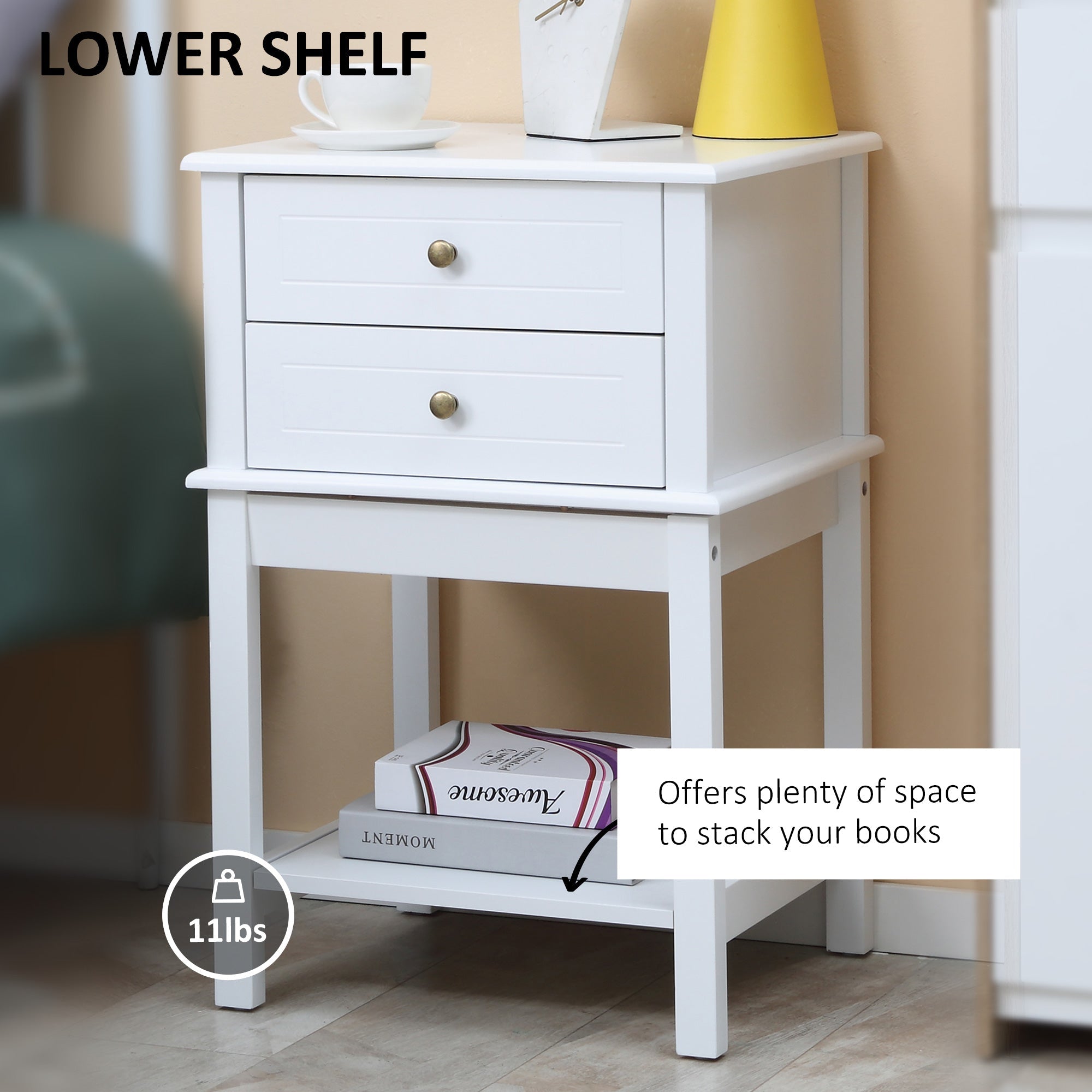 HOMCOM Elegant End Table: Modern Sofa Side Table with Drawers and Storage Shelf, Nightstand for Bedroom, Living Room, Crisp White 