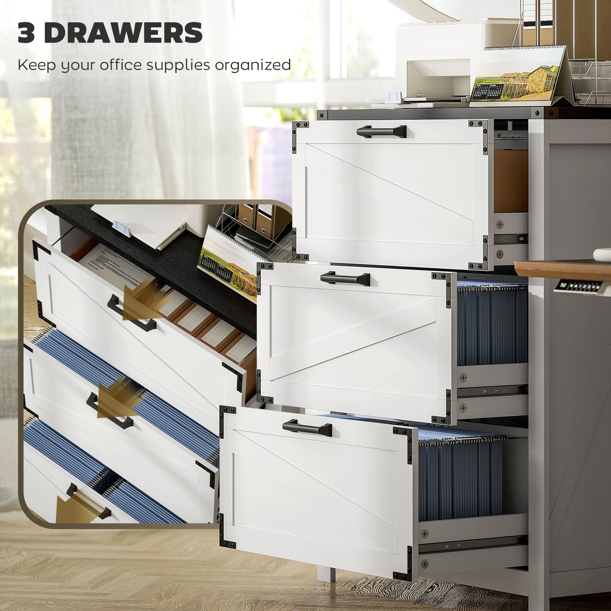 HOMCOM 3 Drawer Filing Cabinet, Farmhouse Office Storage Cabinet with Adjustable Hanging Bars for Letter, A4, Legal Size, White 