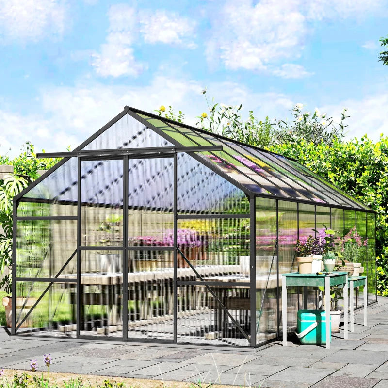 Aluminum Greenhouse Polycarbonate Walk-in Garden Greenhouse Kit with Rain Gutter and Sliding Door, 16' x 8', Dark Grey
