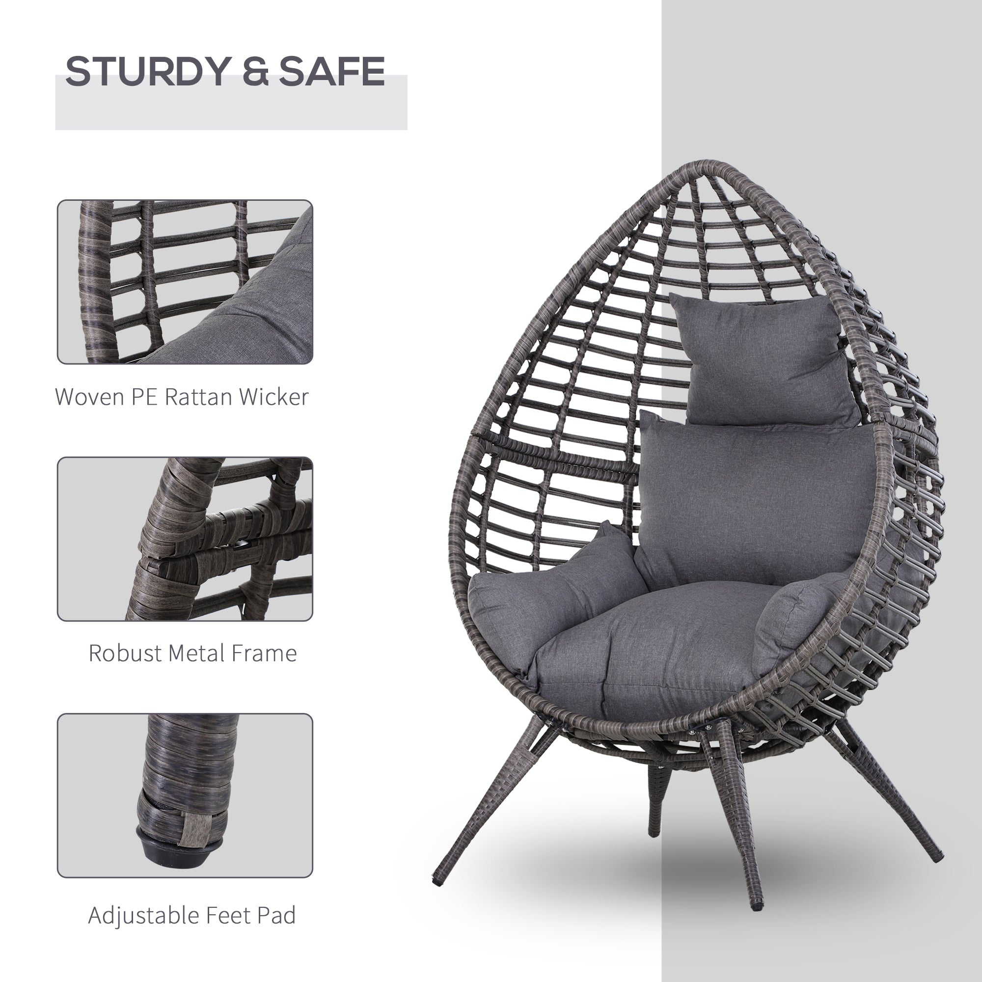 Outsunny Rattan Wicker Egg Chair Lounge Chair with Cushion Outdoor Indoor Adjustable Grey 352lbs Capacity 
