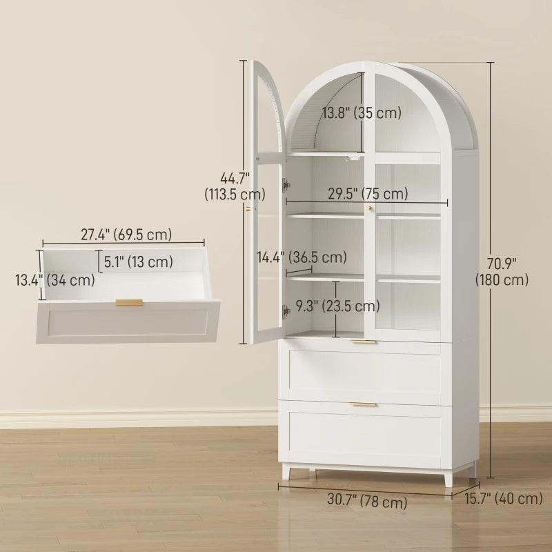 🏡 Arched Glass Door Pantry Cabinet – Modern Farmhouse Storage (White)