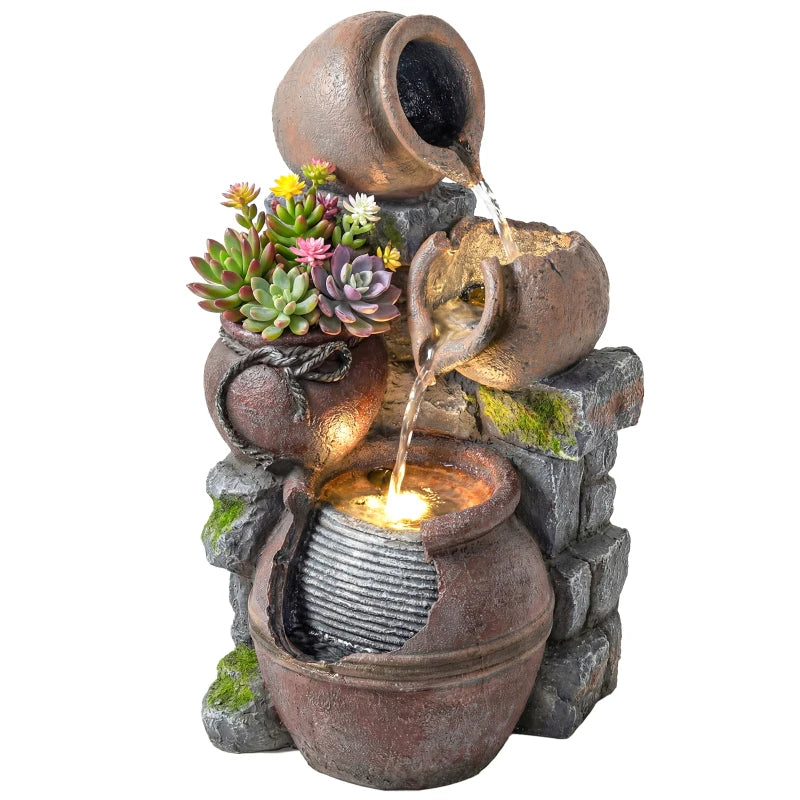 Outdoor Fountain with 4-Tier Rustic Pot Design, Cascading Rock Waterfall with LED Lights and Adjustable Flow