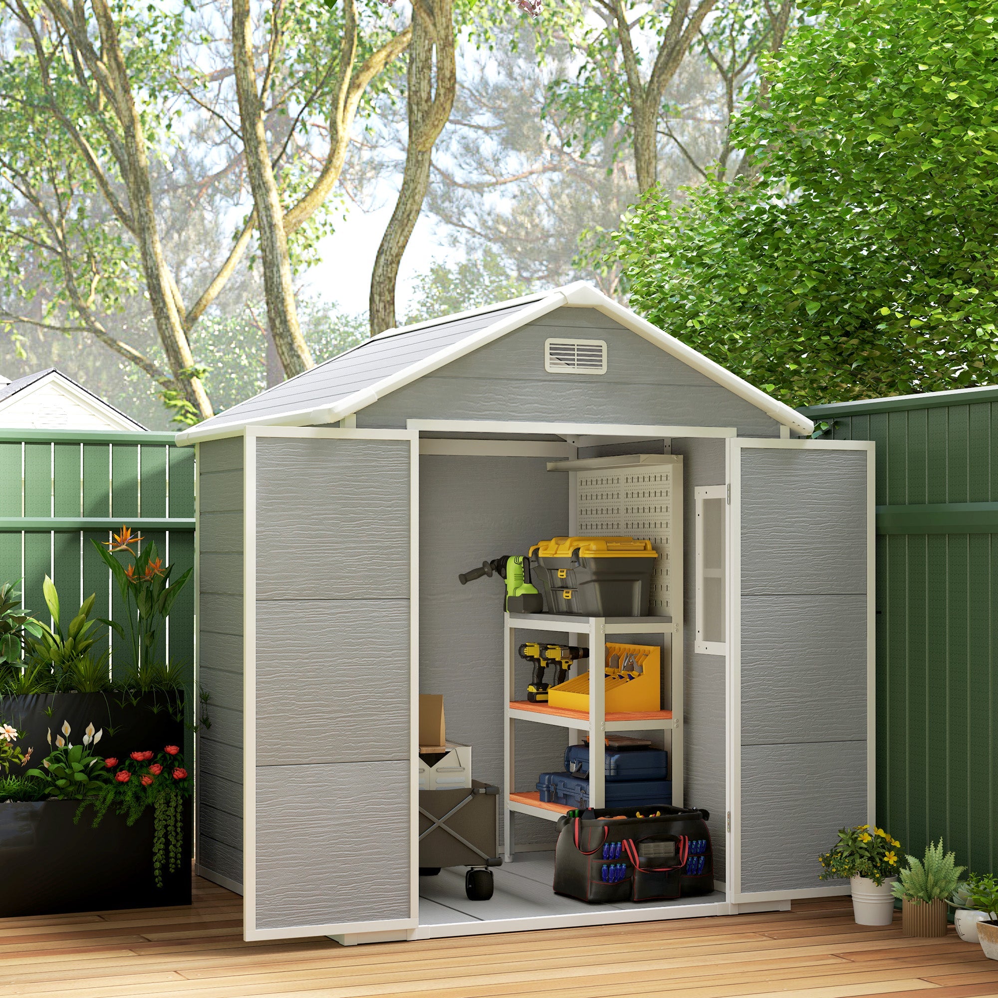 Outsunny 6' x 5' Plastic Outdoor Storage Shed, Garden Shed with Floor, Window, Lockable Doors and Vents, Wood Effect Grey 