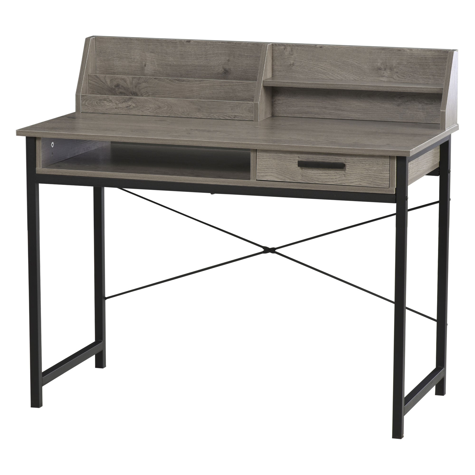 HOMCOM Grey Industrial Computer Desk with Drawer & Open Shelves - Stylish Writing Table with Hutch for Home Office 