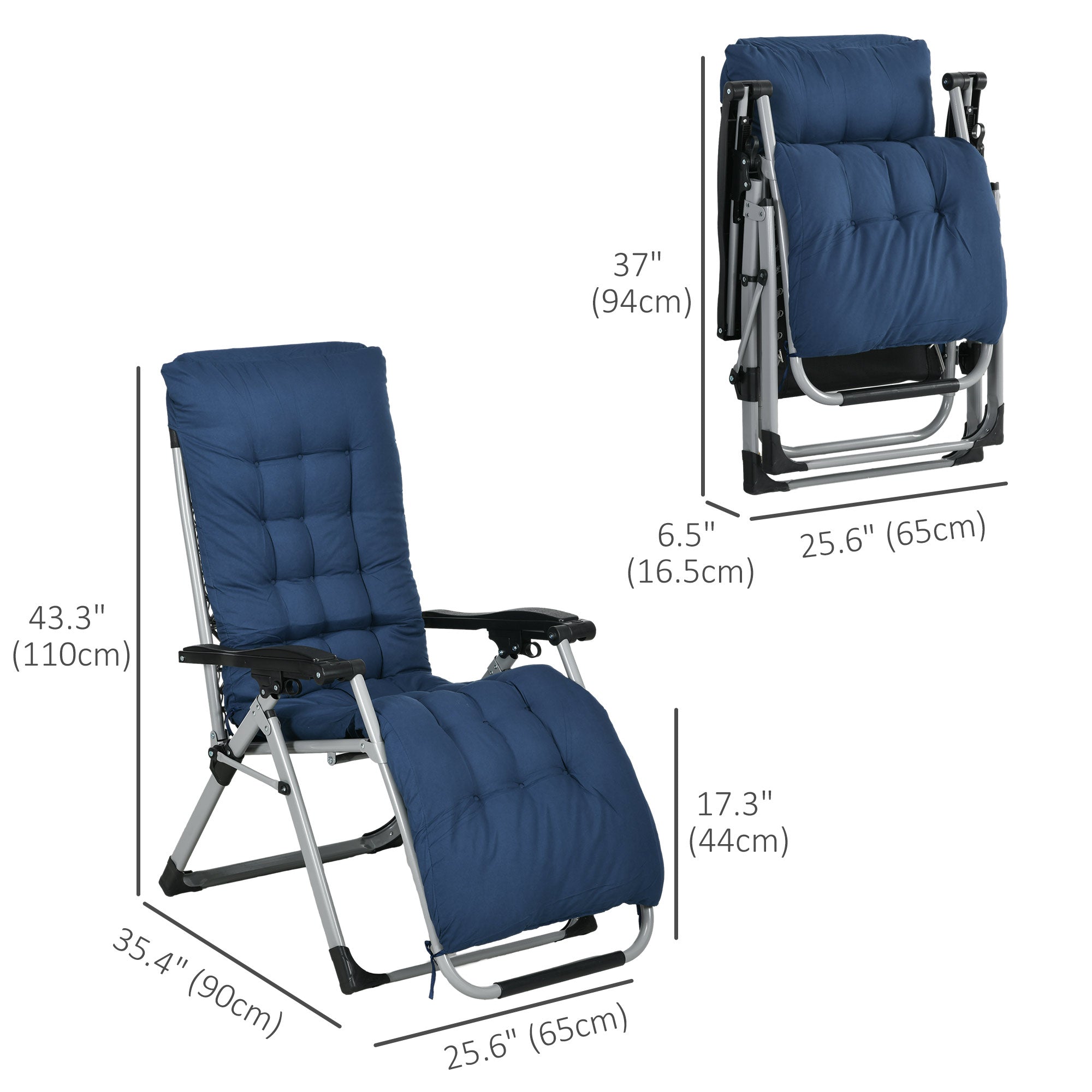 Outsunny Garden Chairs Set of 2 Reclining Zero Gravity Sun Lounger with Cushion Blue Comfort 