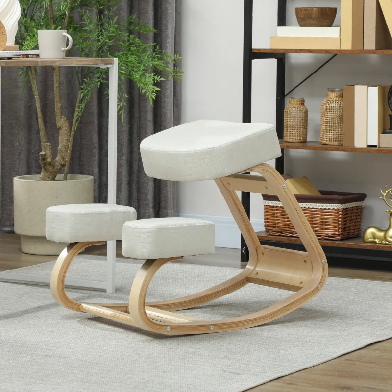 Ergonomic Kneeling Chair, Wood Kneel Stool with Thick Pads, Desk Knee Chair, Improve Posture, Cream White