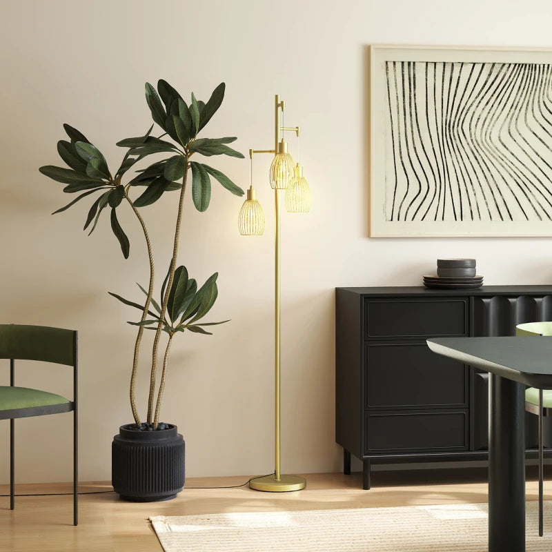 Industrial Floor Lamp with 3 Hanging Wire Lampshades, Dimmable Standing Lamp for Living Room, Gold