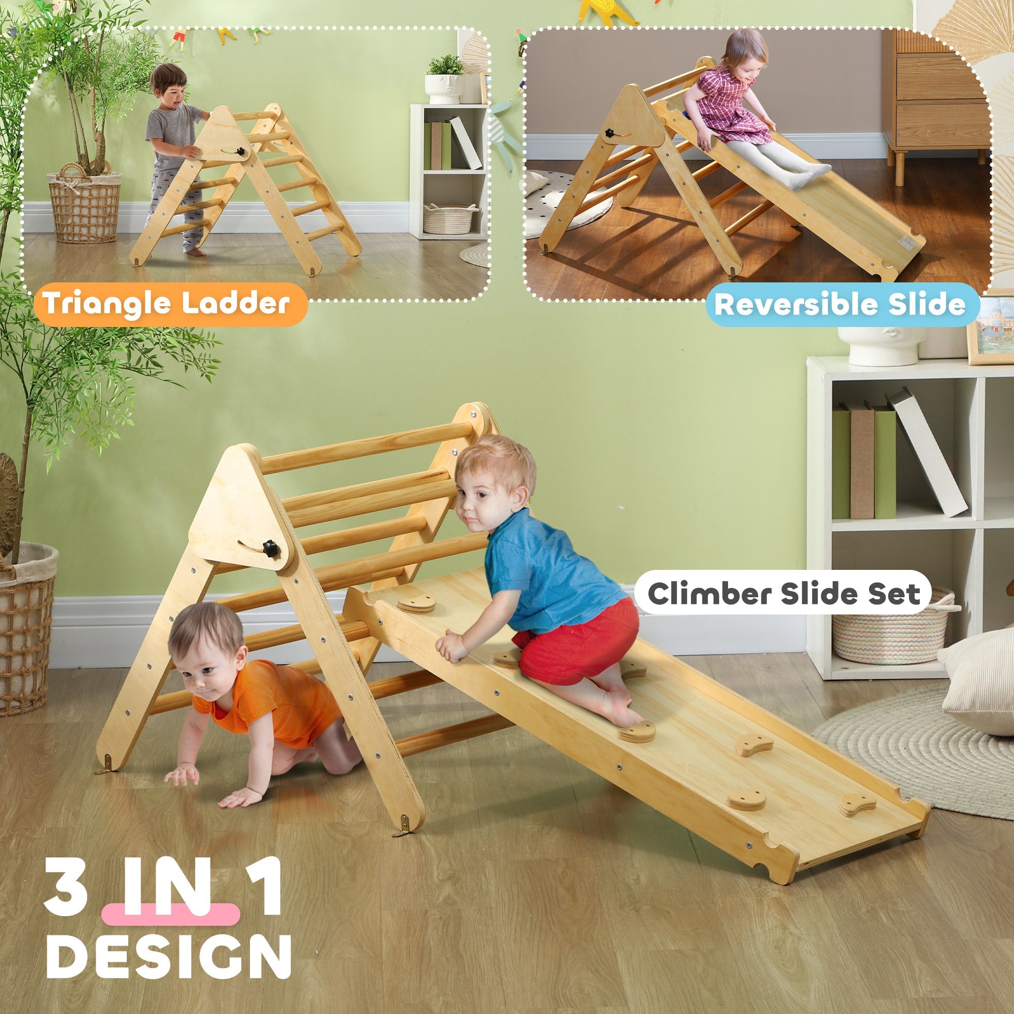 Qaba Pikler Triangle Set, 2 in 1 Climbing Toys with Ramp for Toddlers, Nature Wood 