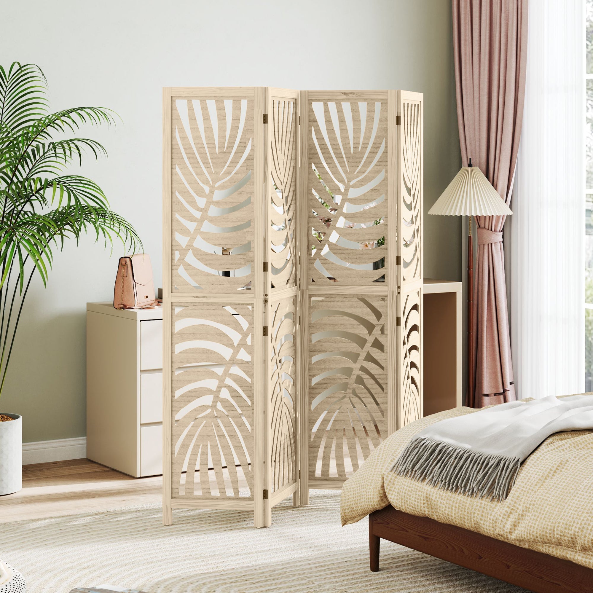 HOMCOM 4 Panel Room Divider, Detachable Folding Privacy Screens with Palm Leaf Design for Home Office, Natural Wood Finish 