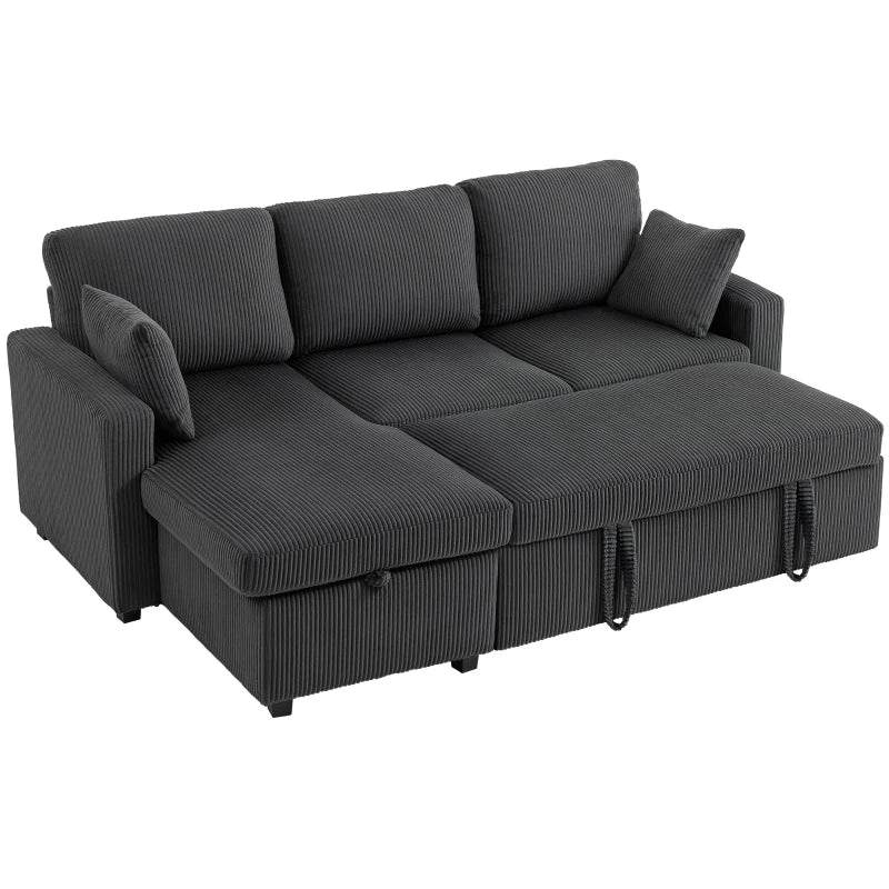 81" Sofa Bed, 2 In 1 Pull Out Sleeper Sofa Bed with Storage, Corduroy Convertible Couch for Living Room, Dark Grey