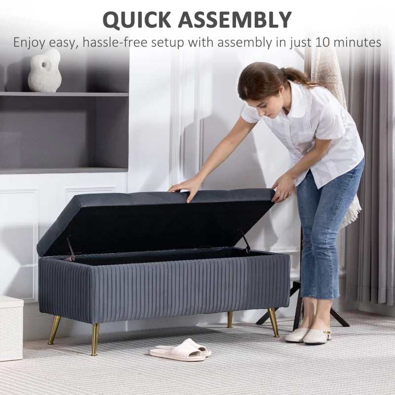 Storage Ottoman Bench, 43 Inch Large Storage Chest with Steel Legs and Padded Seat, Foot Rest, Load 485 lbs, Dark Grey