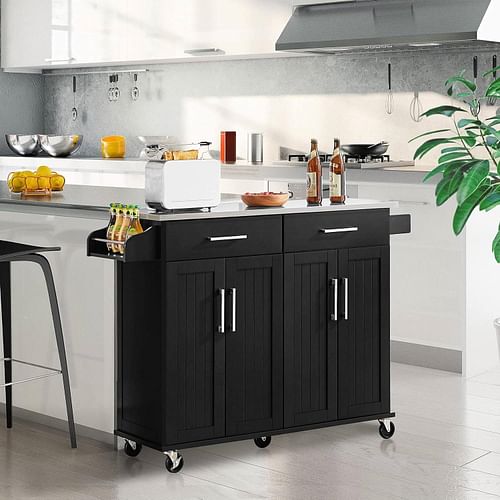 Black Kitchen Island Cart with Stainless Steel Top 2 Drawers and Cabinet - Free Shipping 