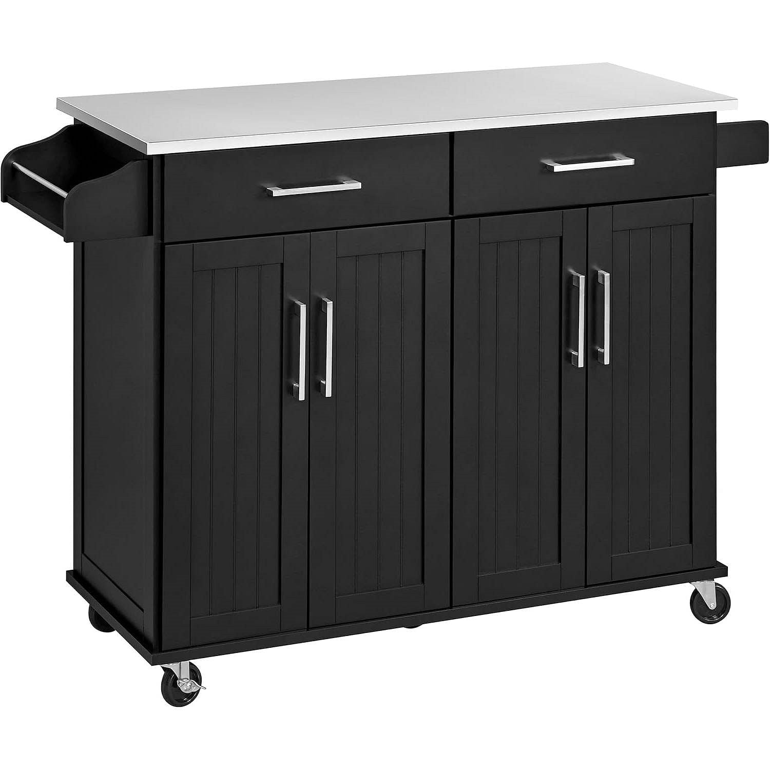 Black Kitchen Island Cart with Stainless Steel Top 2 Drawers and Cabinet - Free Shipping