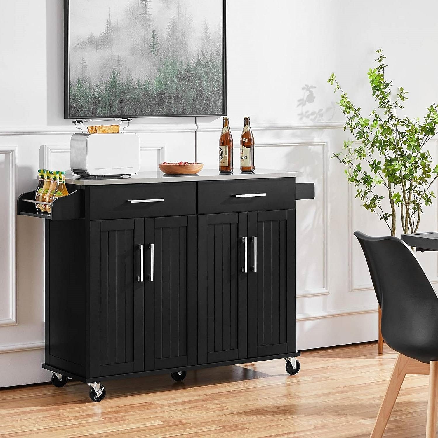 Black Kitchen Island Cart with Stainless Steel Top 2 Drawers and Cabinet - Free Shipping