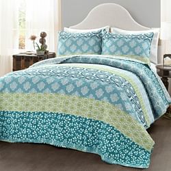 Full/Queen Cotton 3 Piece Reversible Blue White Green Floral Damask Quilt Set - Free Shipping