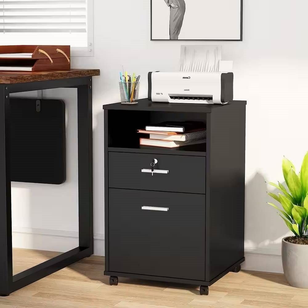 Black Rolling 2-Drawer Mobile File Cabinet Printer Stand Office Cart on Wheels - Free Shipping