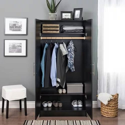 Black Freestanding Bedroom Cabinet Armoire Wardrobe Closet with Hanging Rail - Free Shipping