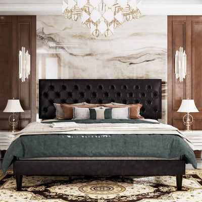 Full Black Faux Leather Upholstered Platform Bed with Button-Tufted Headboard - Free Shipping 