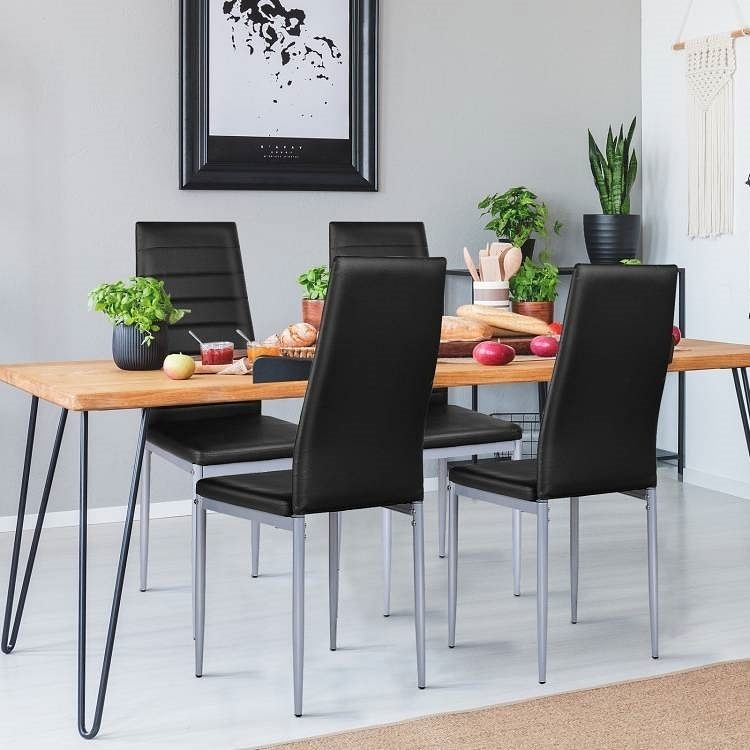 Set of 4 Modern High Back Black PVC Leather Dining Chairs with Metal Legs - Free Shipping 