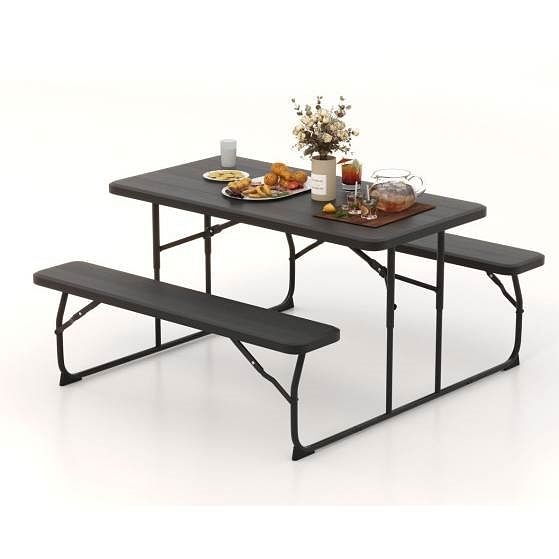 Folding Picnic Table with 2 Benches Outdoor Patio Dining Set in Black - Free Shipping