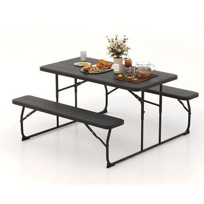 Folding Picnic Table with 2 Benches Outdoor Patio Dining Set in Black - Free Shipping 