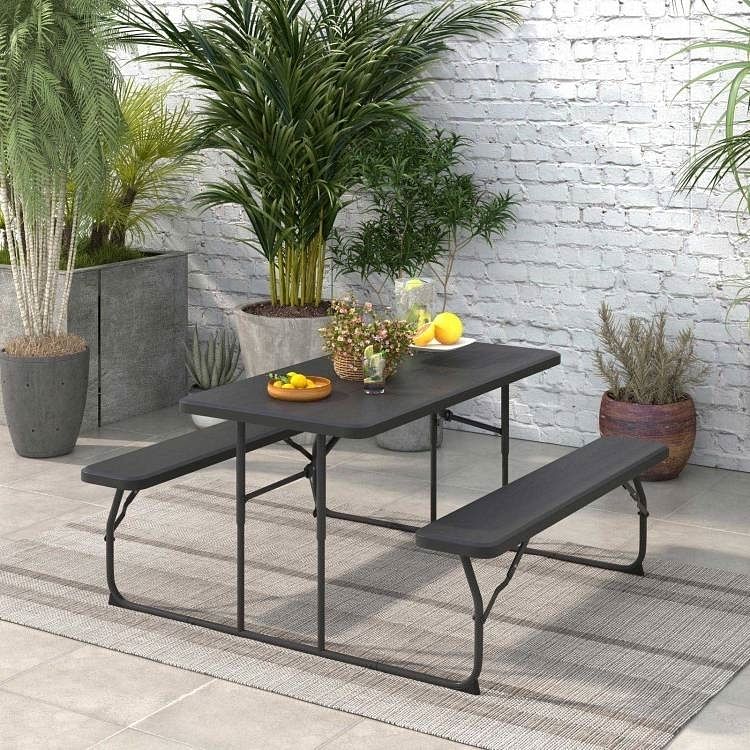 Folding Picnic Table with 2 Benches Outdoor Patio Dining Set in Black - Free Shipping