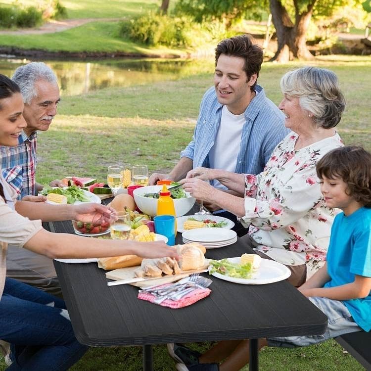 Folding Picnic Table with 2 Benches Outdoor Patio Dining Set in Black - Free Shipping