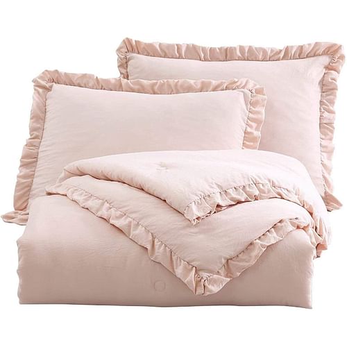 Full Size Pink Stone Washed Ruffled Edge Microfiber Comforter Set - Free Shipping 