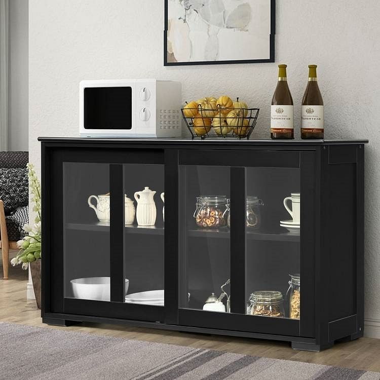Black Wood Buffet Kitchen Dining Sideboard Storage Cabinet w/ Glass Sliding Door - Free Shipping 