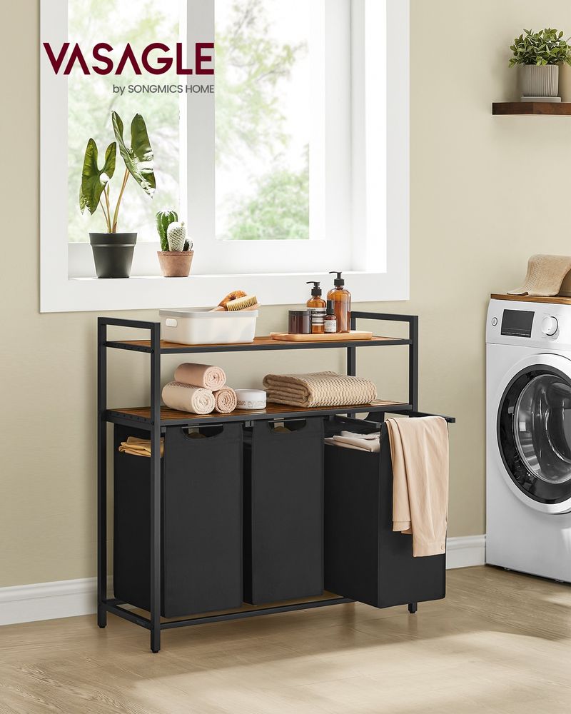 3-Compartment Laundry Hamper with 2 Shelves & Pull-Out Bags – Rustic Brown
