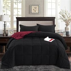 King/Cal King Traditional Microfiber Reversible 3 Piece Comforter Set in Black/Maroon - Free Shipping