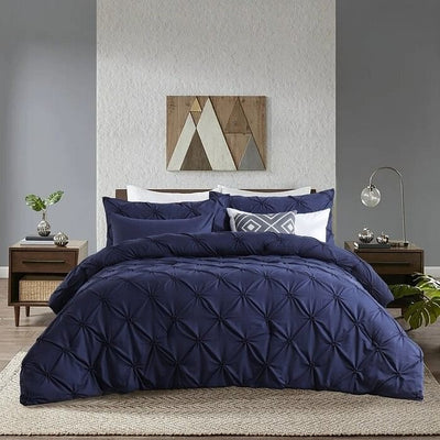 King Size All Season Pleated Hypoallergenic Microfiber Reversible 3 Piece Comforter Set in Navy - Free Shipping 