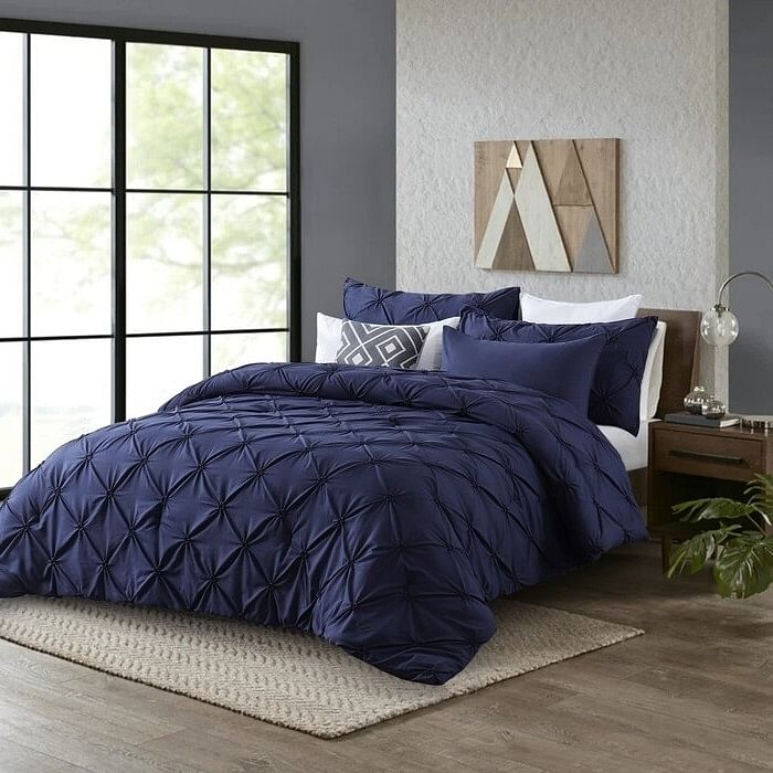 King Size All Season Pleated Hypoallergenic Microfiber Reversible 3 Piece Comforter Set in Navy - Free Shipping