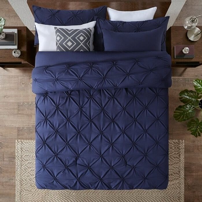 King Size All Season Pleated Hypoallergenic Microfiber Reversible 3 Piece Comforter Set in Navy - Free Shipping