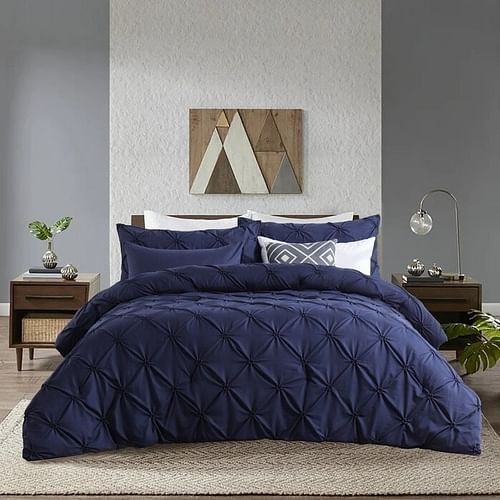 King Size All Season Pleated Hypoallergenic Microfiber Reversible 3 Piece Comforter Set in Navy - Free Shipping