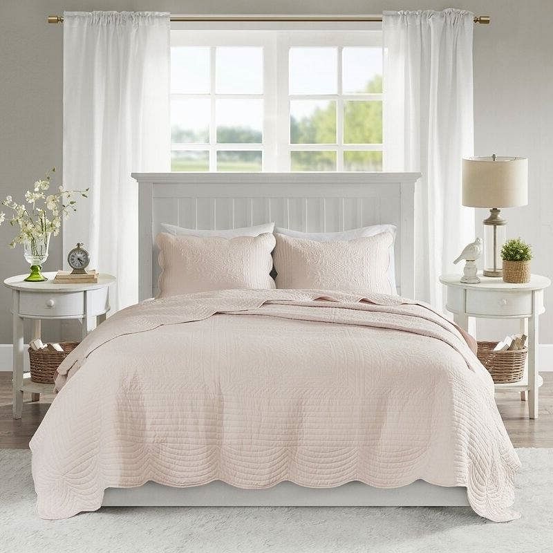 King Size 3 Piece Reversible Scalloped Edges Microfiber Quilt Set in Blush - Free Shipping