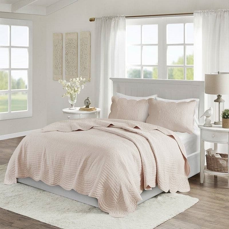 King Size 3 Piece Reversible Scalloped Edges Microfiber Quilt Set in Blush - Free Shipping