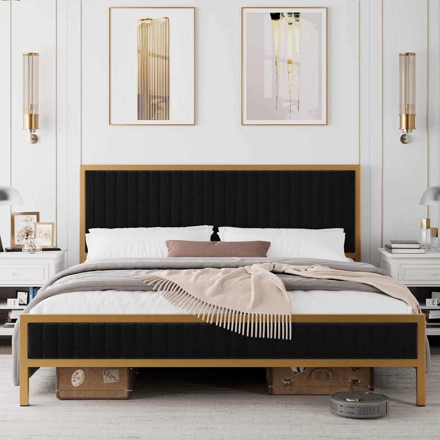 King size Gold Metal Platform Bed Frame with Black Velvet Upholstered Headboard - Free Shipping 