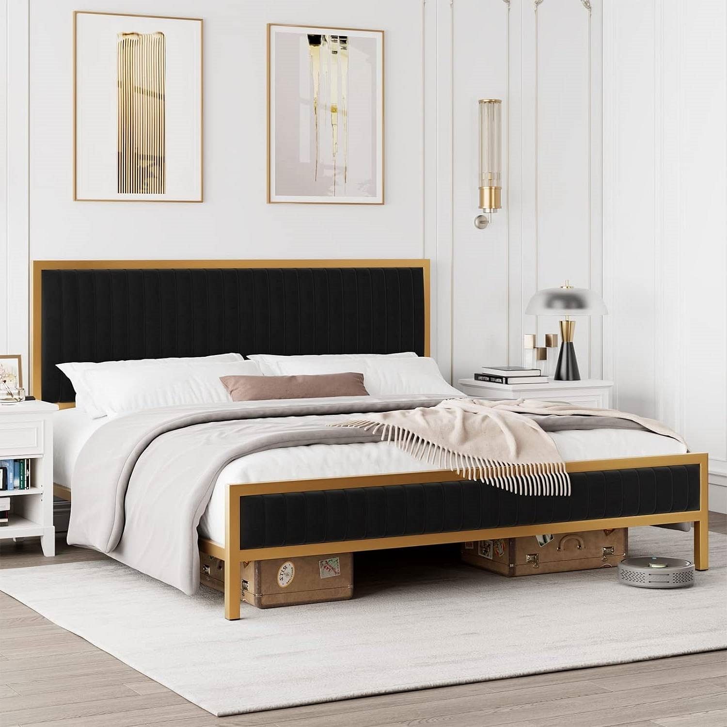 King size Gold Metal Platform Bed Frame with Black Velvet Upholstered Headboard - Free Shipping 
