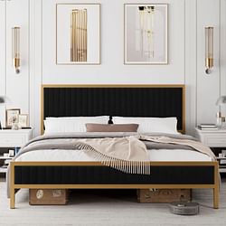 King size Gold Metal Platform Bed Frame with Black Velvet Upholstered Headboard - Free Shipping 
