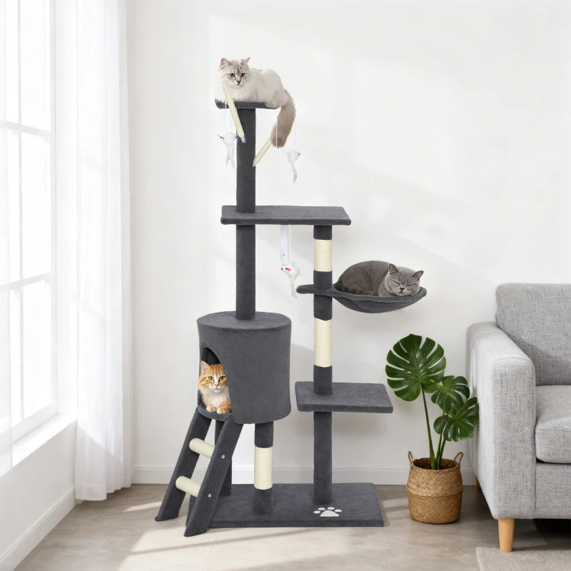 53" Cat Tree Tower, Kitten Activity Centre with Scratching Posts, Condo, Perches, Ladder, Hammock, Dangling Toys, Dark Grey