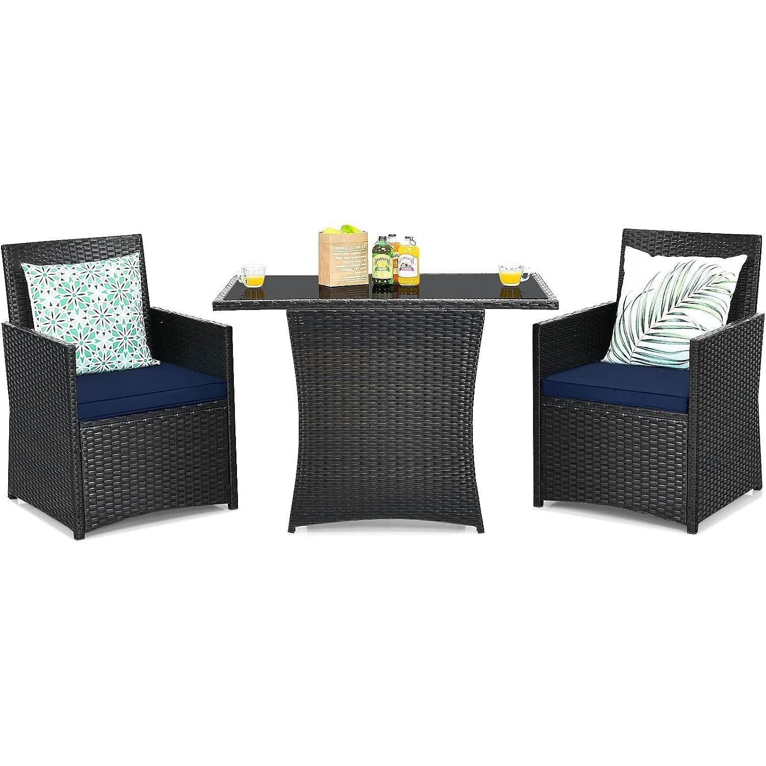 3-Piece Patio Furniture Outdoor Dining Set Brown PE Rattan Navy Blue Cushions - Free Shipping 