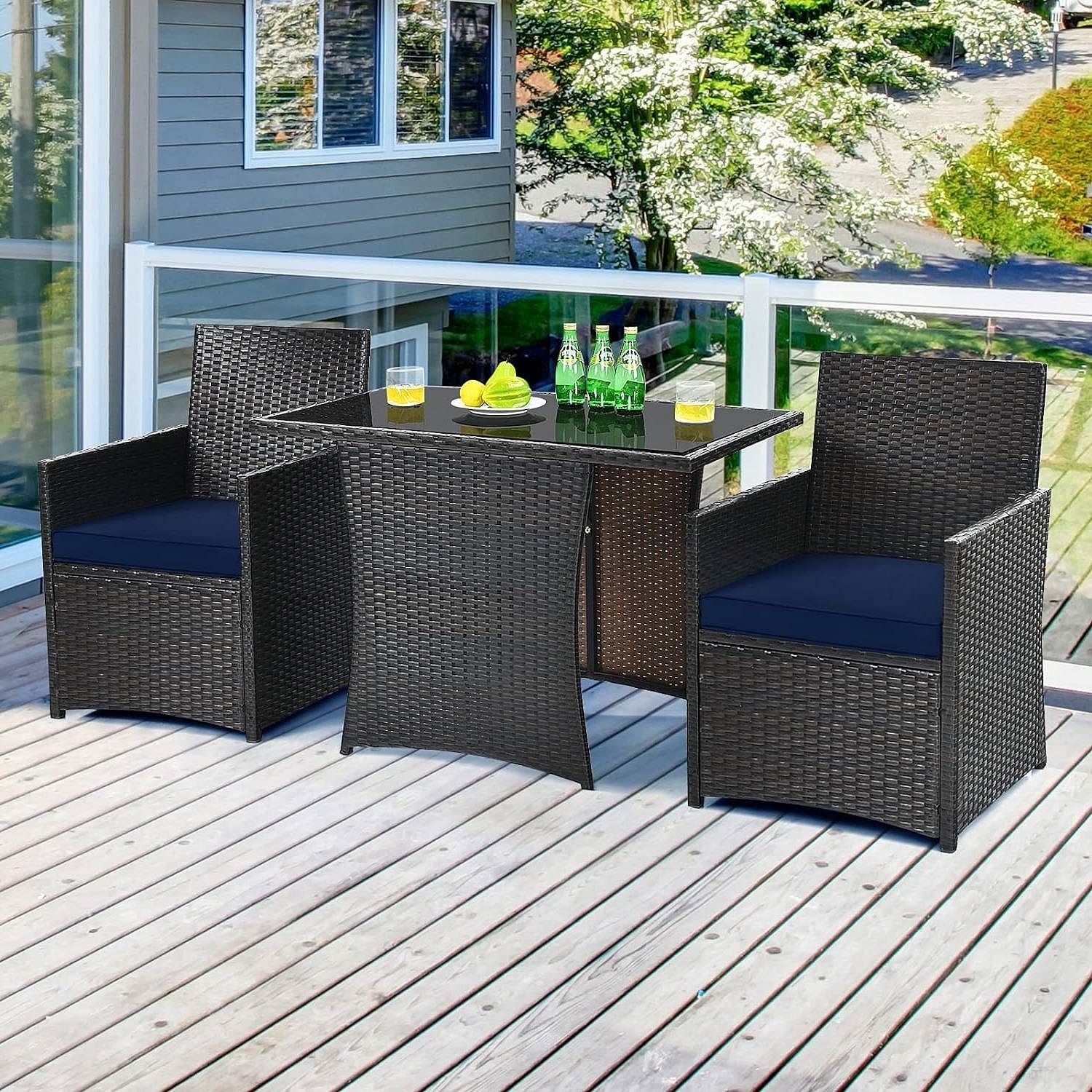 3-Piece Patio Furniture Outdoor Dining Set Brown PE Rattan Navy Blue Cushions - Free Shipping