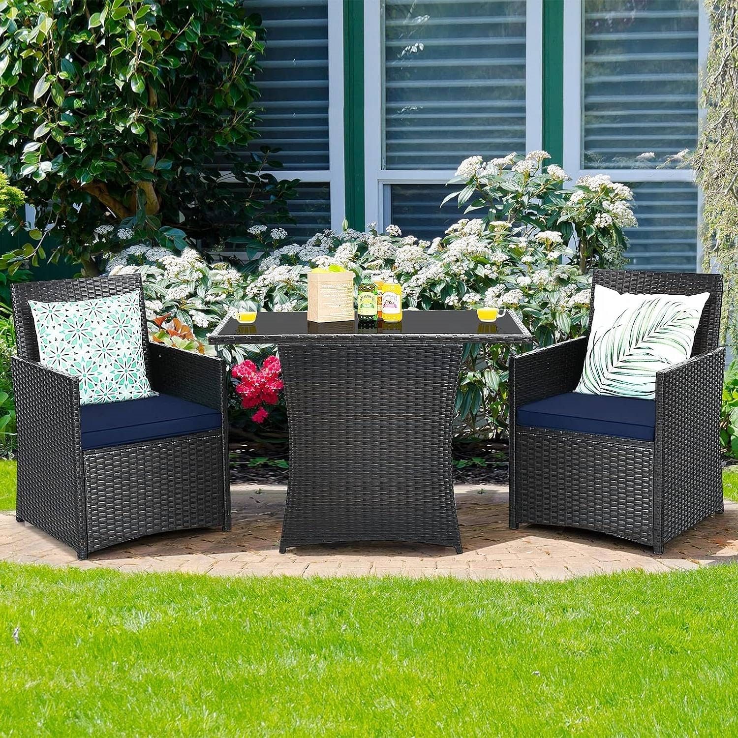 3-Piece Patio Furniture Outdoor Dining Set Brown PE Rattan Navy Blue Cushions - Free Shipping