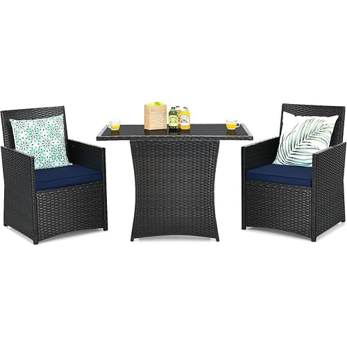 3-Piece Patio Furniture Outdoor Dining Set Brown PE Rattan Navy Blue Cushions - Free Shipping 