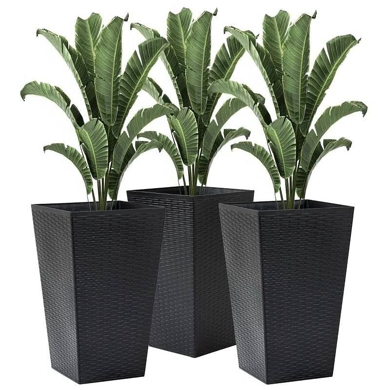 Set of 3 - Black Faux Rattan Plastic Tall Large Flower Pots - Free Shipping 