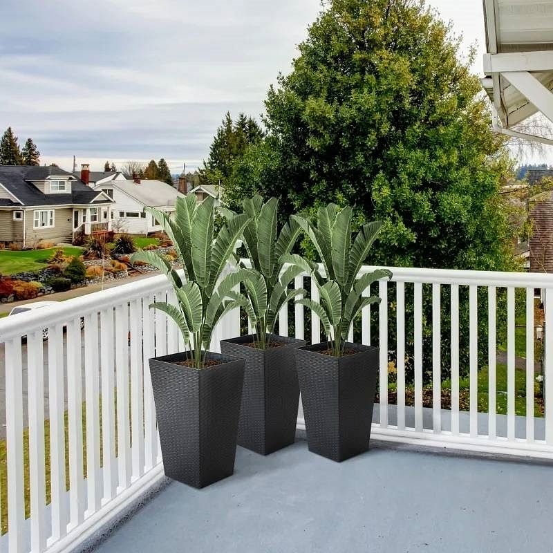 Set of 3 - Black Faux Rattan Plastic Tall Large Flower Pots - Free Shipping 