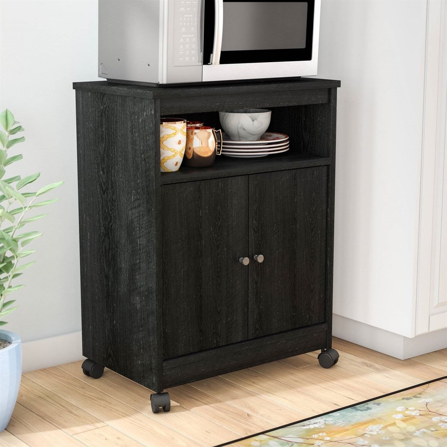 Black Utility Cart / Kitchen Microwave Cart with Casters - Free Shipping 