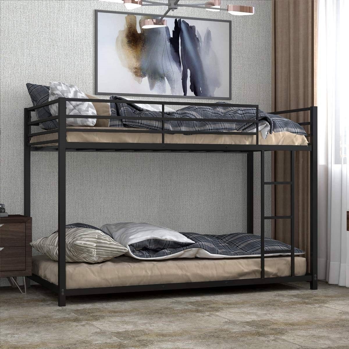 Twin over Twin Low Profile Modern Bunk Bed Frame in Black Metal Finish - Free Shipping